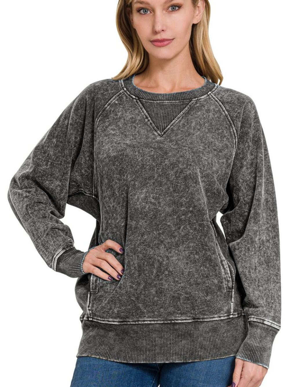 NWOT Zenana Acid Washed Pullover Sweatshirt in Ash Black Size Medium